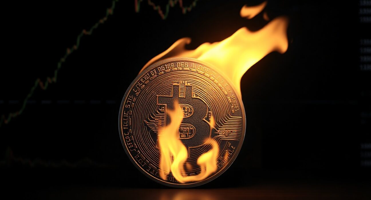 Tether USDT token being burned in a controlled flame, representing supply reduction