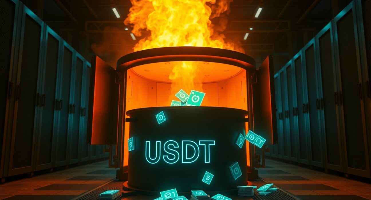 Digital USDT tokens being fed into an industrial furnace in a high-tech vault, representing a token burn event.