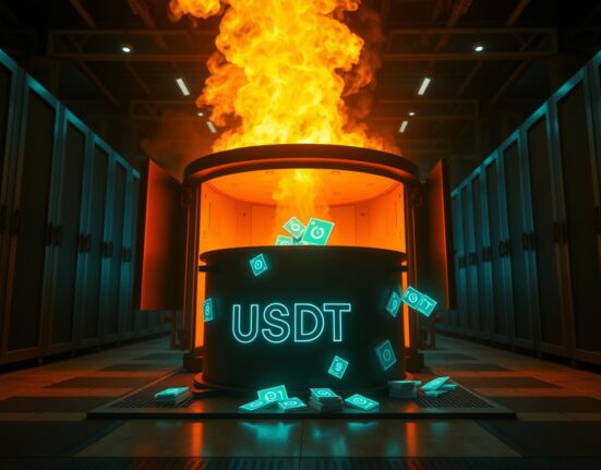 Digital USDT tokens being fed into an industrial furnace in a high-tech vault, representing a token burn event.