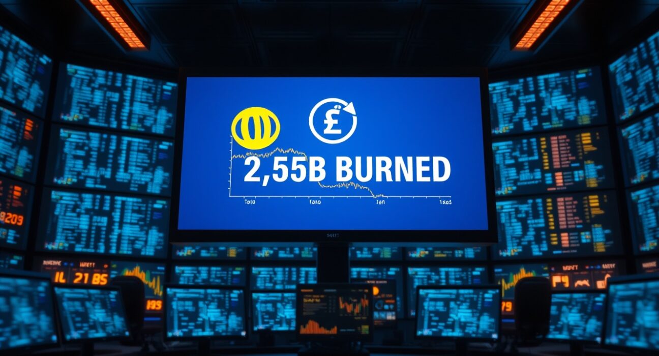 Digital screen displaying a USDT burn notification with a supply chart in a modern financial control room.