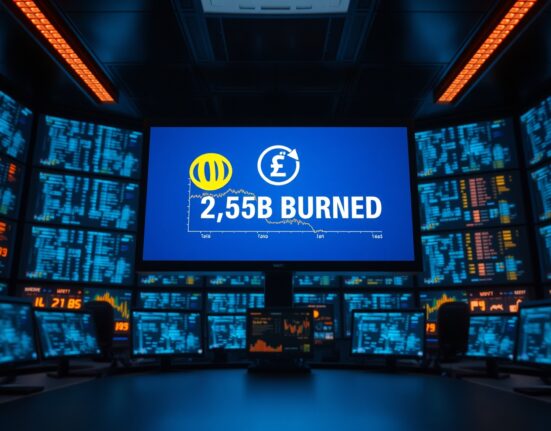 Digital screen displaying a USDT burn notification with a supply chart in a modern financial control room.