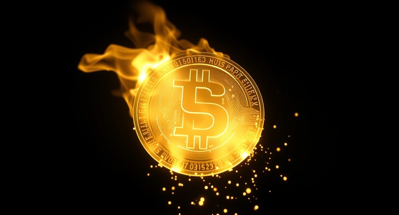 Digital representation of a USDT stablecoin token being consumed by flames, symbolizing a significant token burn event.