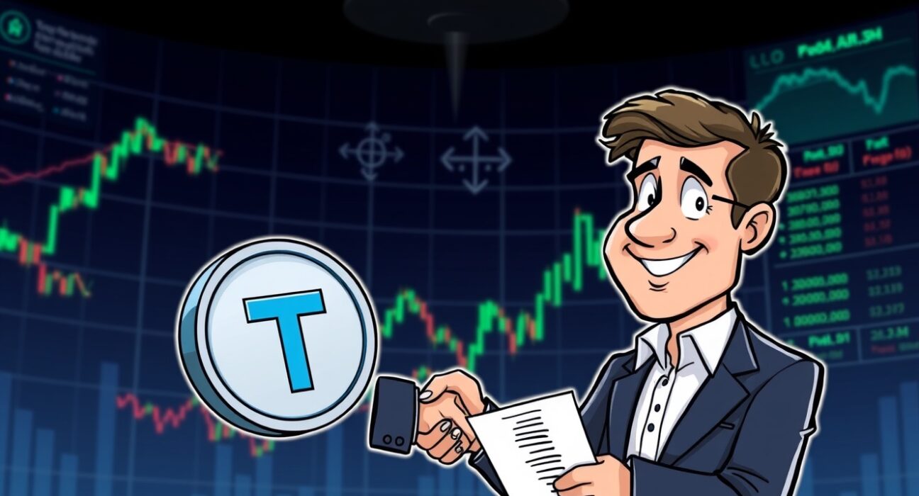 Cartoon illustration of Benjamin Habbel joining Tether as the new Tether CBO, symbolizing strategic growth in the stablecoin market.
