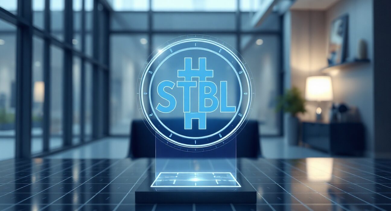 Holographic dual-token symbol representing the STBL stablecoin protocol in a modern office setting