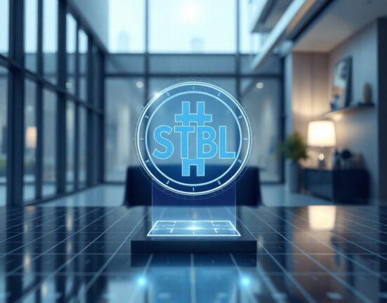 Holographic dual-token symbol representing the STBL stablecoin protocol in a modern office setting