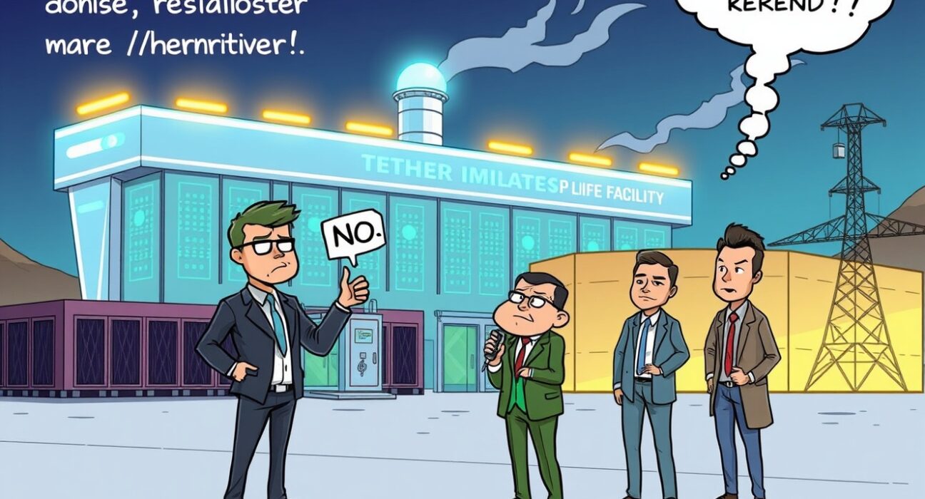 A cartoon illustration showing Tether denying rumors about its Uruguay crypto mining operations, emphasizing ongoing discussions and investment.