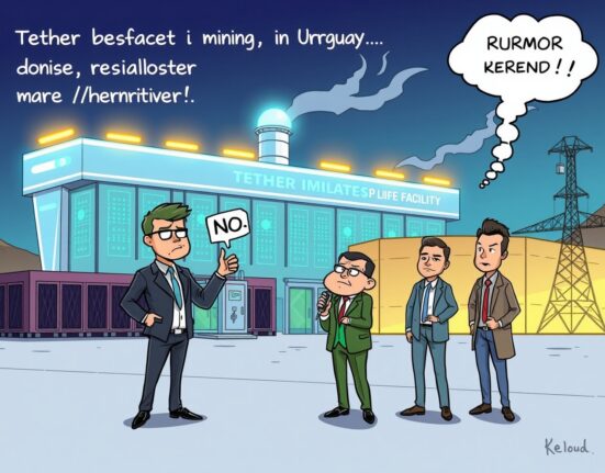 A cartoon illustration showing Tether denying rumors about its Uruguay crypto mining operations, emphasizing ongoing discussions and investment.
