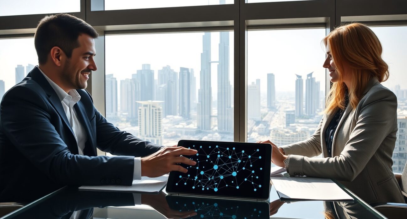 Two professionals in a Dubai office with a city skyline view, reviewing a tablet showing a blockchain network, representing the Tether and DMCC partnership.