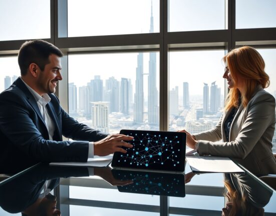 Two professionals in a Dubai office with a city skyline view, reviewing a tablet showing a blockchain network, representing the Tether and DMCC partnership.