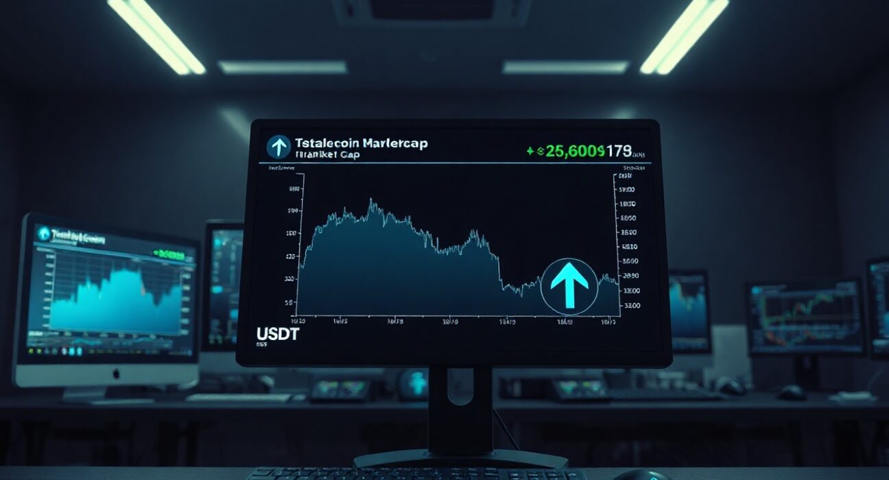 Digital screen showing a declining stablecoin market cap chart with Tether logo in a professional trading environment