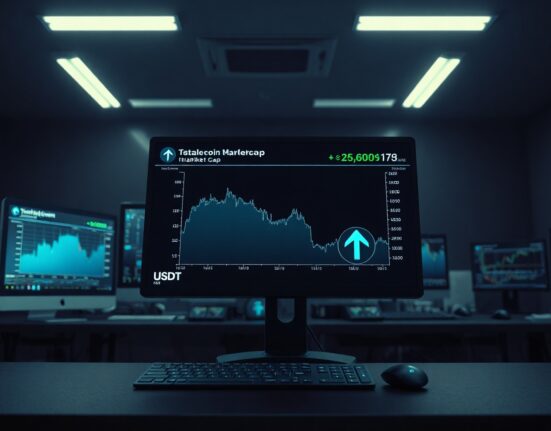 Digital screen showing a declining stablecoin market cap chart with Tether logo in a professional trading environment