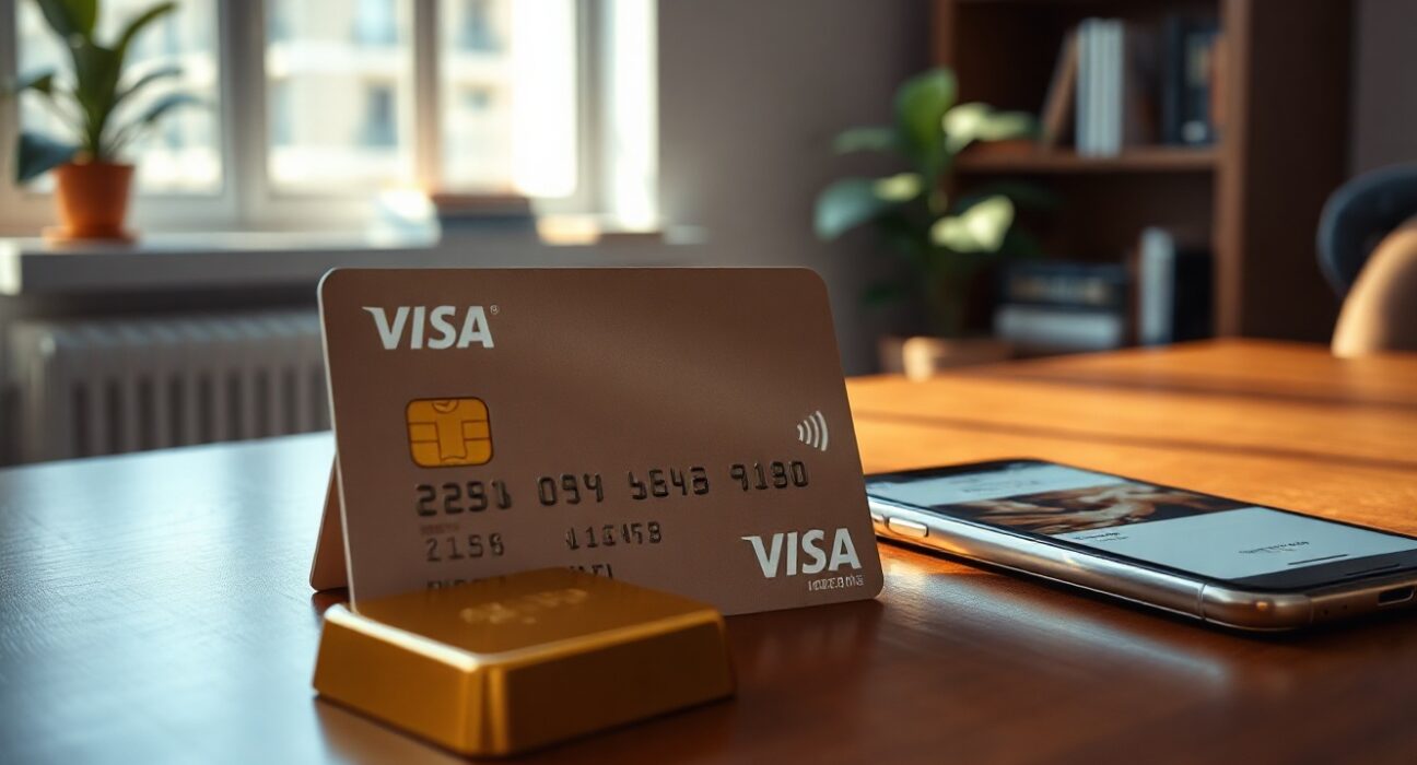 Gold-toned Visa card on a desk with a gold bar and smartphone, representing Tether's new gold-backed card.