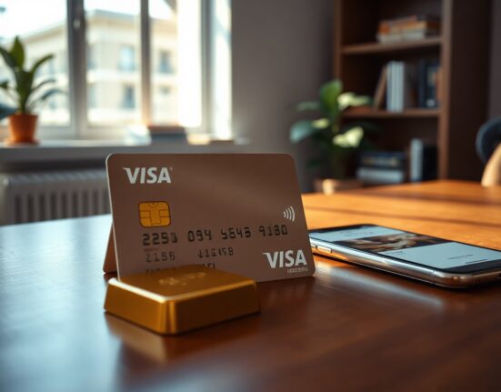 Gold-toned Visa card on a desk with a gold bar and smartphone, representing Tether's new gold-backed card.