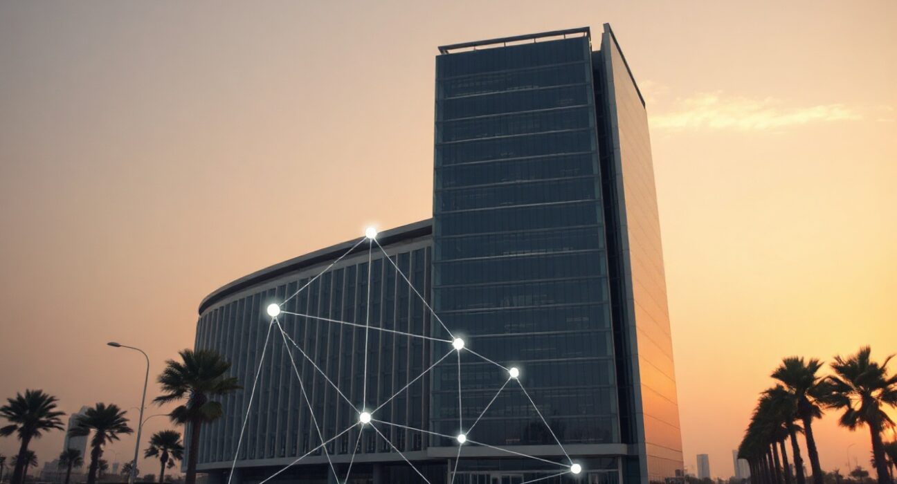 Modern commercial building in Riyadh with digital network overlay representing real estate tokenization