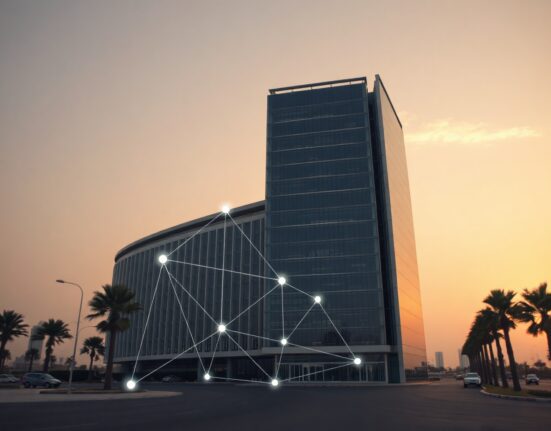 Modern commercial building in Riyadh with digital network overlay representing real estate tokenization