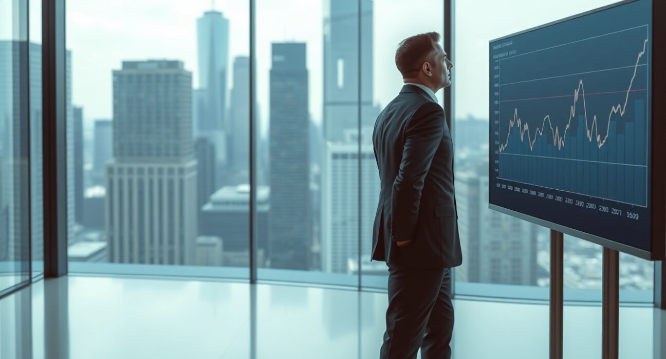 Former Tether CIO Richard Heathcote standing in a modern office, looking at a financial chart