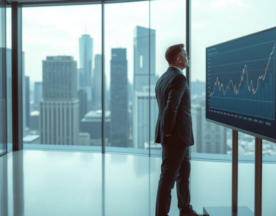 Former Tether CIO Richard Heathcote standing in a modern office, looking at a financial chart