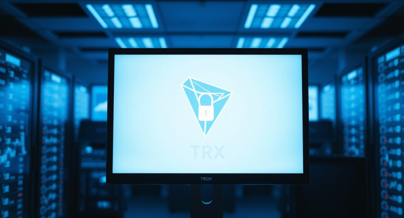 Computer monitor displaying a frozen Tron wallet interface in a dimly lit security monitoring office