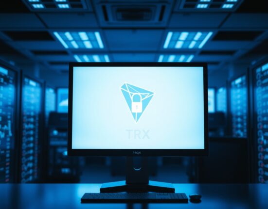 Computer monitor displaying a frozen Tron wallet interface in a dimly lit security monitoring office