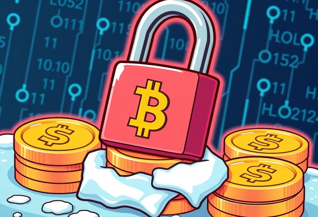 Cartoon illustration showing Tether freezing USDT, symbolizing the security measures taken on digital assets and the implications of such actions.