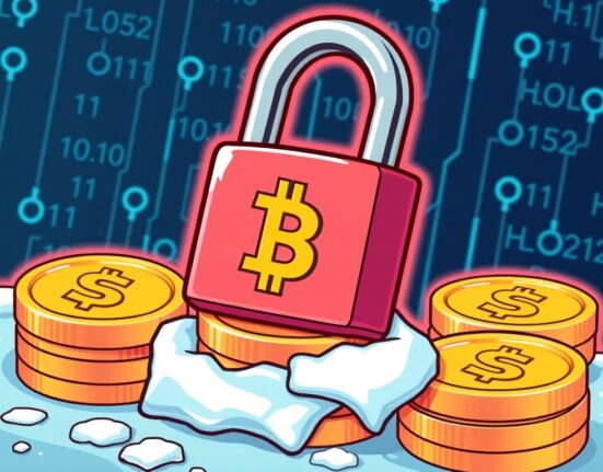 Cartoon illustration showing Tether freezing USDT, symbolizing the security measures taken on digital assets and the implications of such actions.