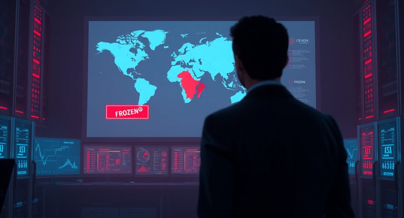 Tether freezes USDT in Iran-linked addresses, showing a security command center monitoring frozen crypto wallets.