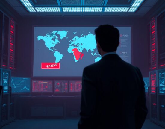 Tether freezes USDT in Iran-linked addresses, showing a security command center monitoring frozen crypto wallets.