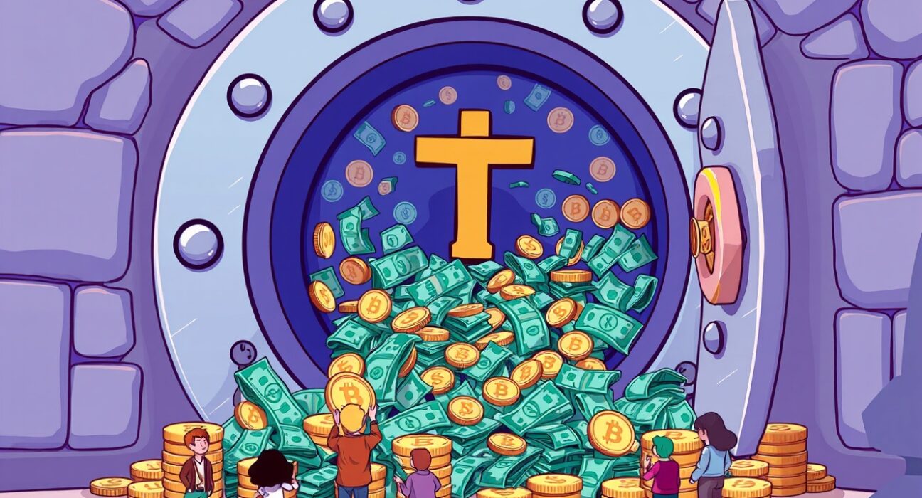 A cartoon illustration showing a large vault of digital assets, symbolizing the significant Tether funding round.