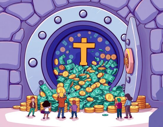 A cartoon illustration showing a large vault of digital assets, symbolizing the significant Tether funding round.