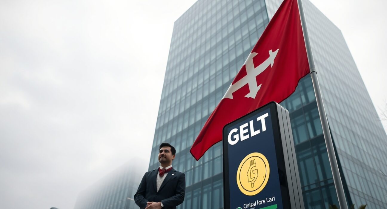 Tbilisi office building with Georgian flag and GELT digital kiosk representing stablecoin launch