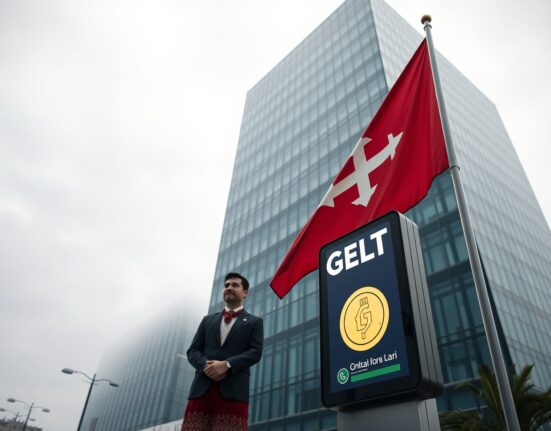 Tbilisi office building with Georgian flag and GELT digital kiosk representing stablecoin launch