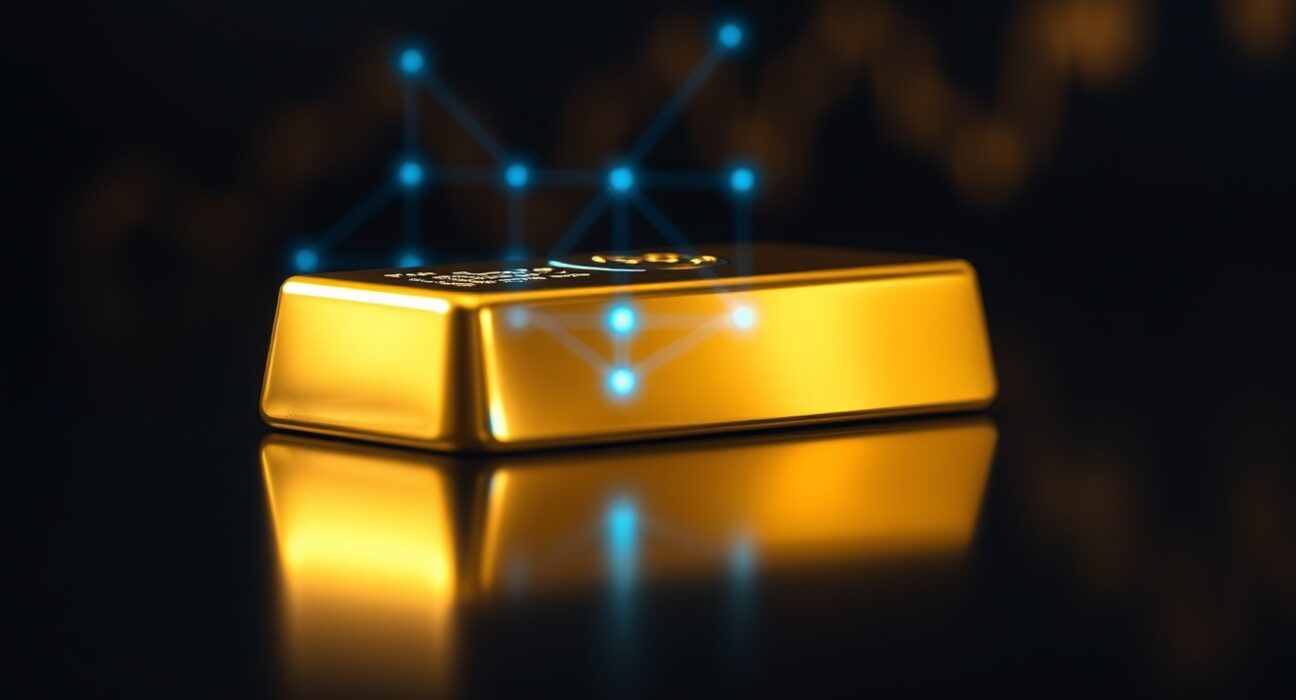 A polished gold bar with digital holographic overlay symbolizing tokenized gold and blockchain integration in Abu Dhabi.