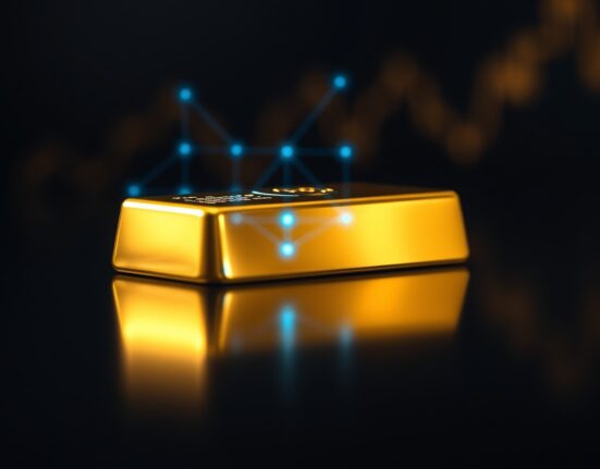 A polished gold bar with digital holographic overlay symbolizing tokenized gold and blockchain integration in Abu Dhabi.