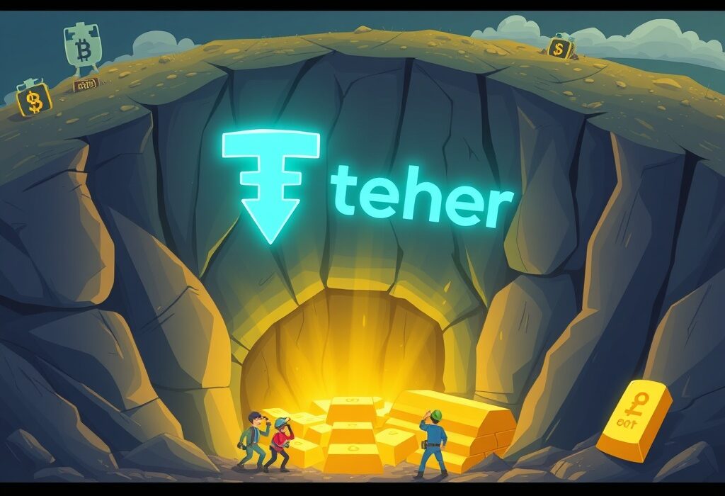 Cartoon showing Tether gold investment in mining, symbolizing a new era for stablecoin backing.