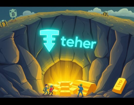Cartoon showing Tether gold investment in mining, symbolizing a new era for stablecoin backing.