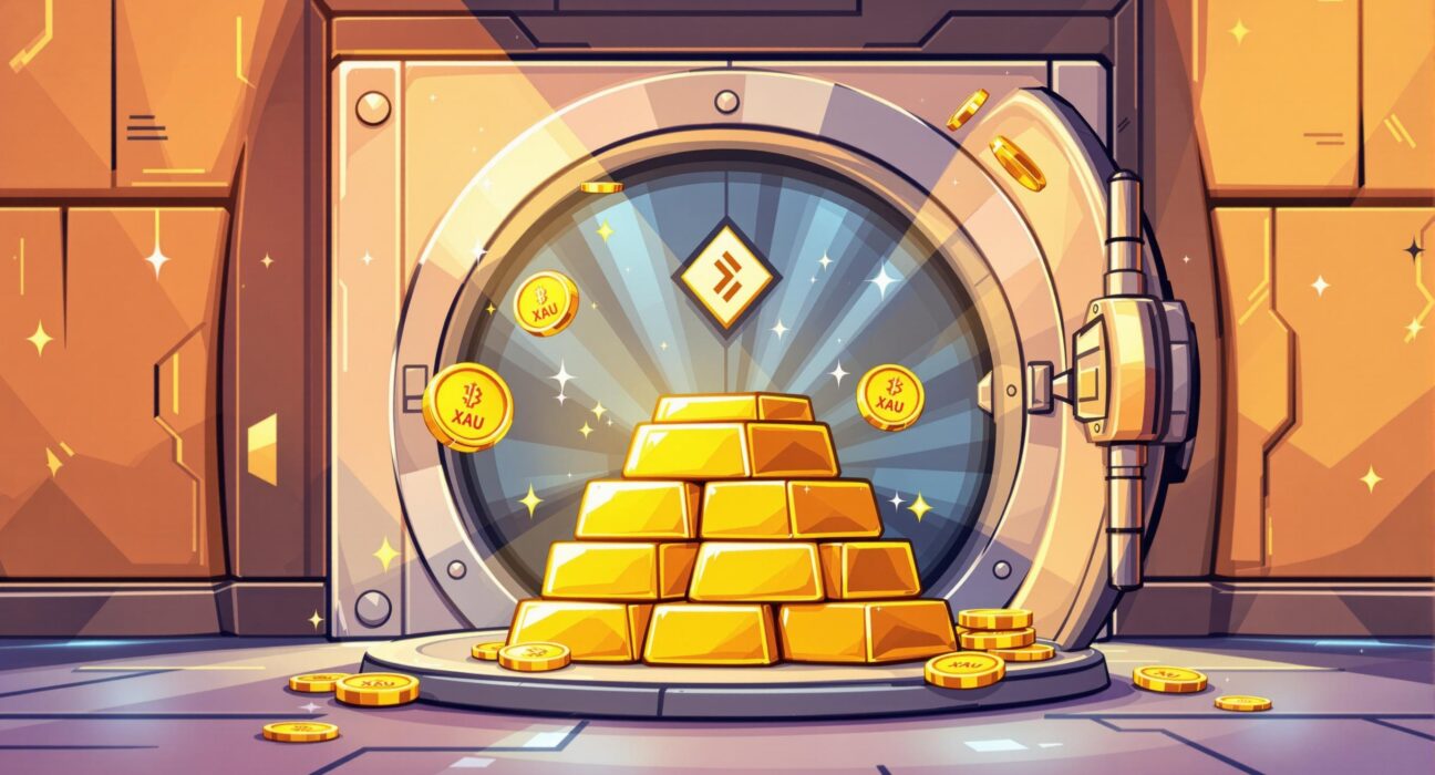 A cartoon illustration showing digital Tether Gold (XAU₮) tokens interacting with physical gold bars, symbolizing the token's backing and the secure bridge between crypto and real-world assets.