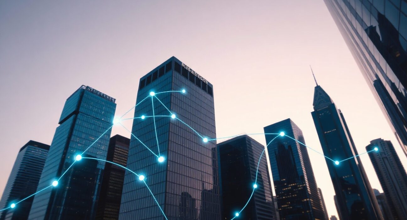 Digital network overlay on financial district skyline representing tokenized assets on SUI