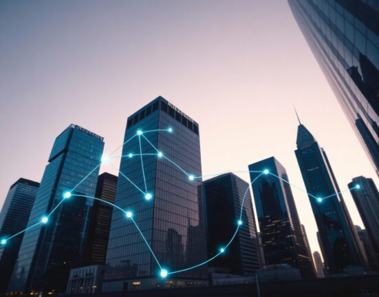 Digital network overlay on financial district skyline representing tokenized assets on SUI