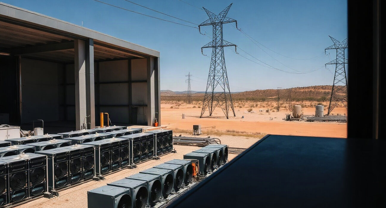 Bitcoin mining facility in Uruguay with power lines in background