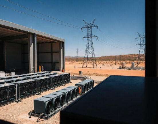 Bitcoin mining facility in Uruguay with power lines in background