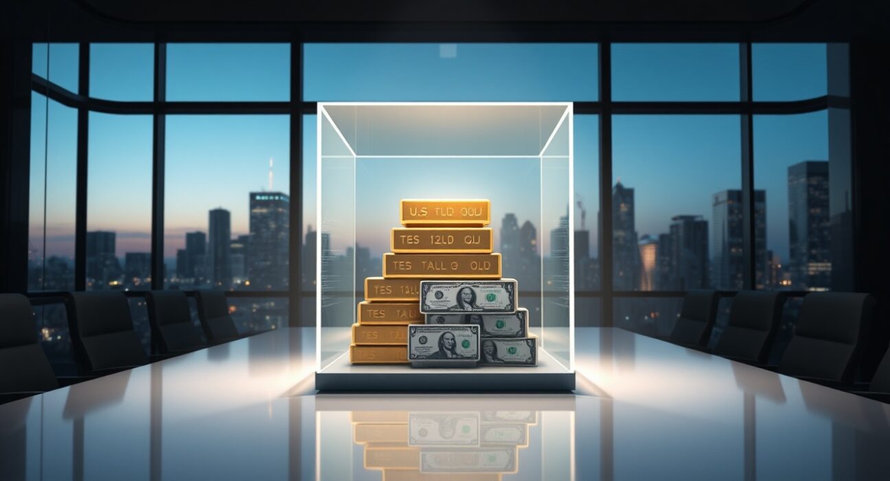 Tether's corporate reserves symbolized by gold and treasury bonds in a modern boardroom, representing its financial strength.