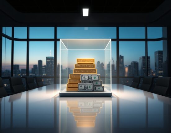 Tether's corporate reserves symbolized by gold and treasury bonds in a modern boardroom, representing its financial strength.