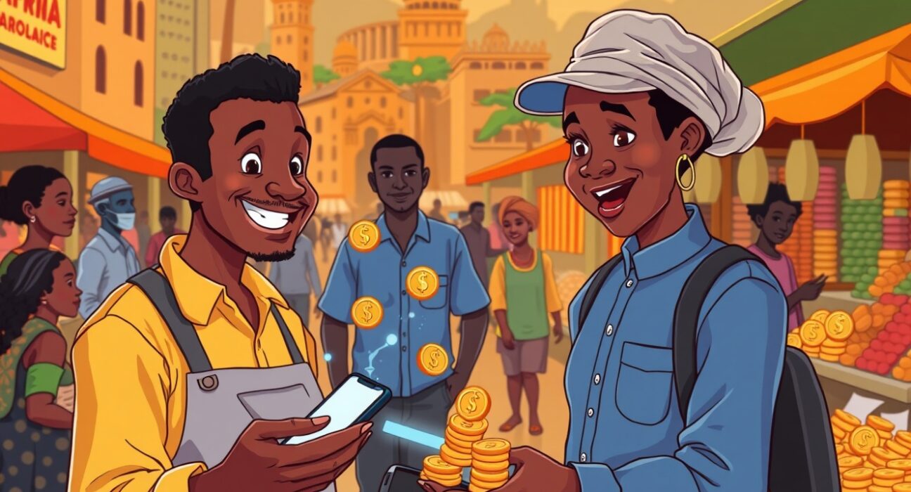 Cartoon of African merchant using a POS device for stablecoin access in a vibrant market.