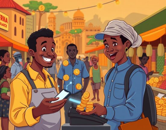 Cartoon of African merchant using a POS device for stablecoin access in a vibrant market.