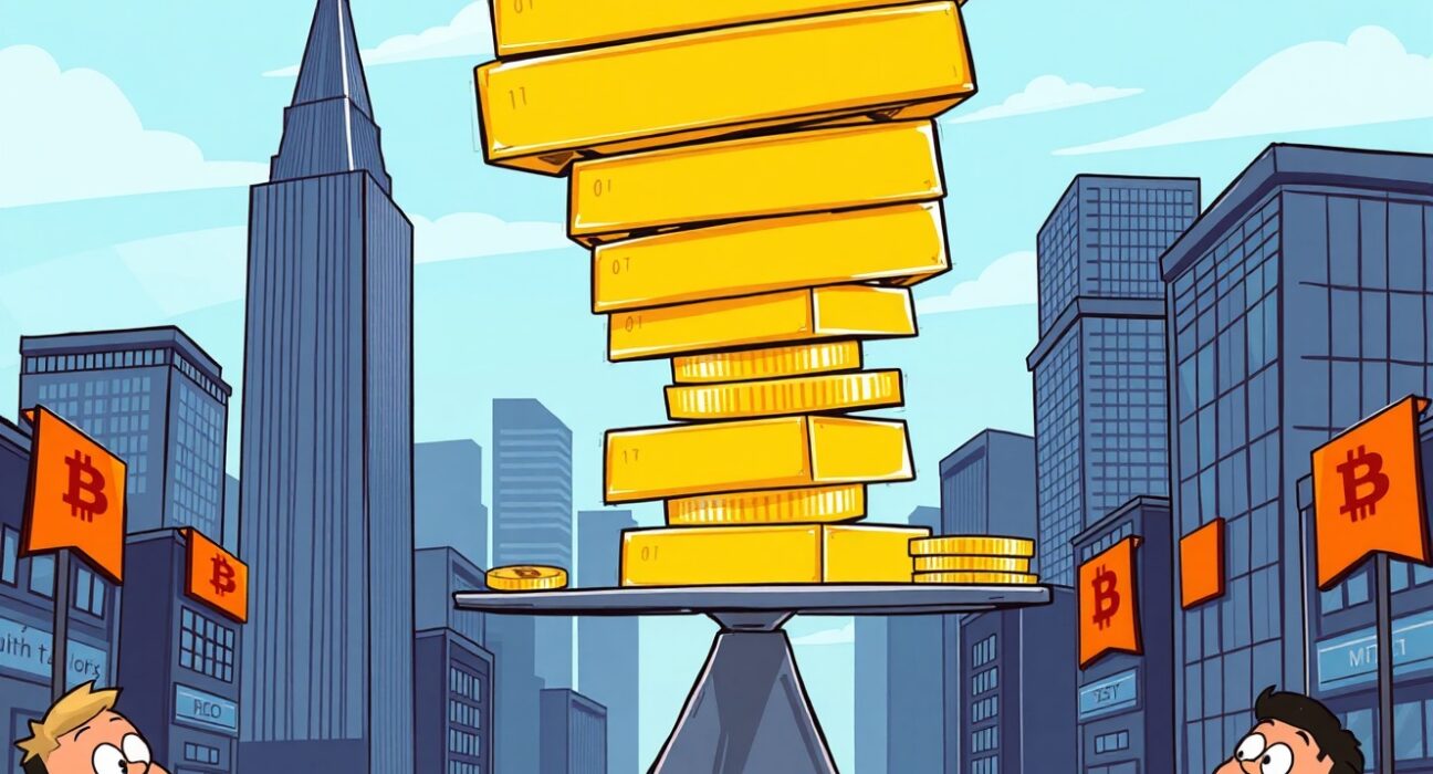 Tether insolvency risk shown as unstable stack of gold and Bitcoin threatening to collapse