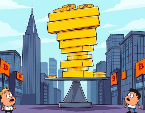 Tether insolvency risk shown as unstable stack of gold and Bitcoin threatening to collapse