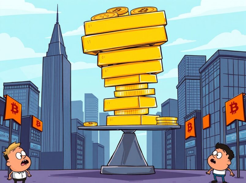 Tether insolvency risk shown as unstable stack of gold and Bitcoin threatening to collapse