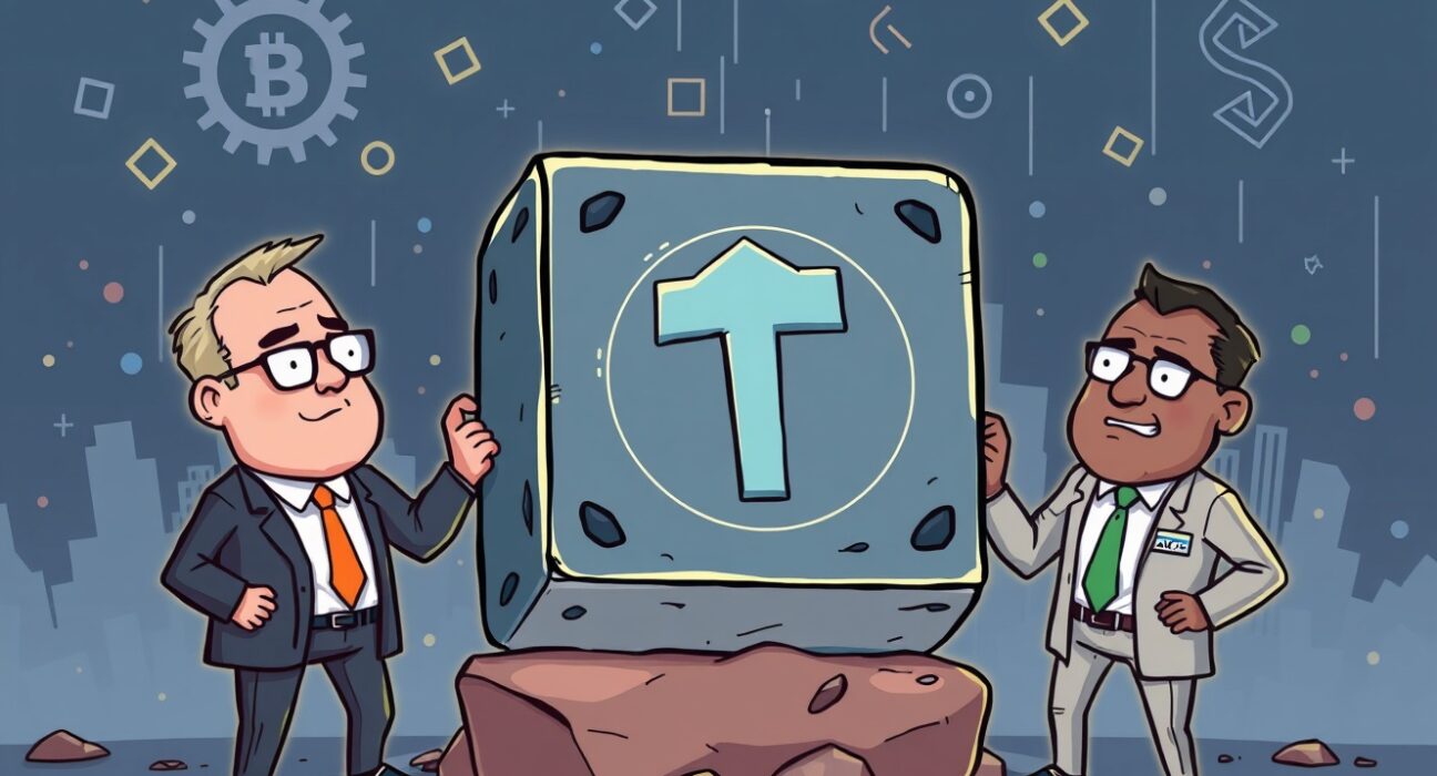 Cartoon illustration depicting major financial players discussing a significant Tether investment, highlighting potential market shifts.