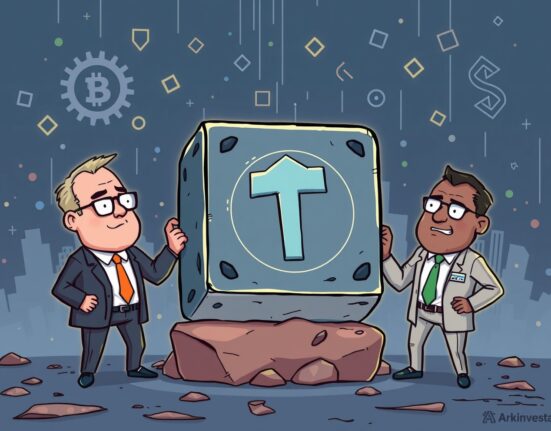 Cartoon illustration depicting major financial players discussing a significant Tether investment, highlighting potential market shifts.