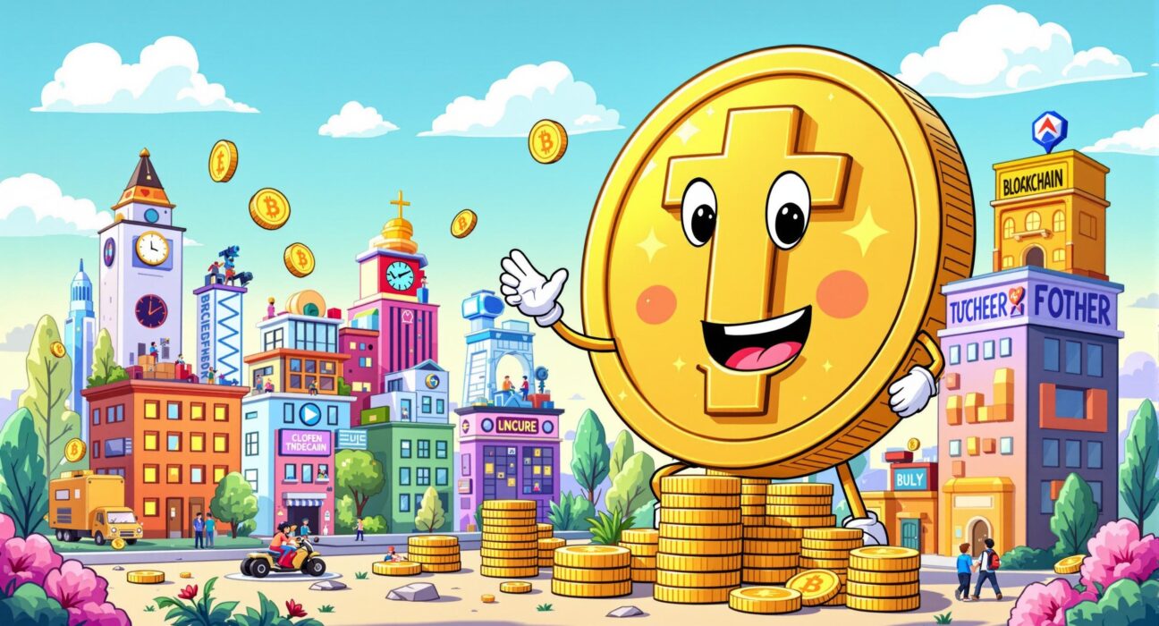 Illustration of a giant Tether coin investing in various small company buildings, symbolizing its expansive Tether investments portfolio.